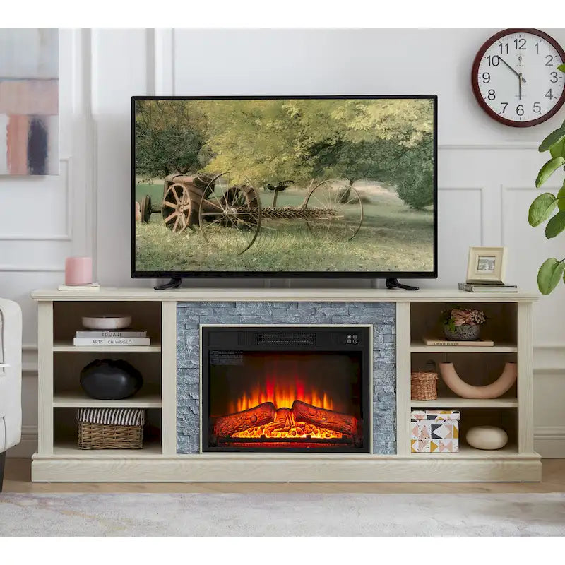 Modern TV Media Stand with 23 Fireplace Insert, Large Faux Stacked Stone TV Desk Storage Rack