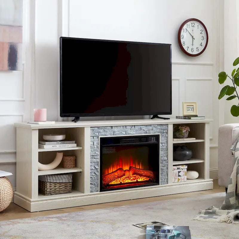 Weißer TV-Schrank mit elektrischem Kamin, Kunststeinoptik und Ablagefächern