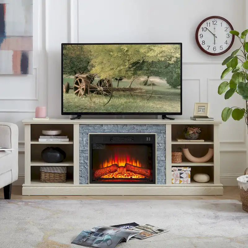 Weißer TV-Schrank mit elektrischem Kamin, Kunststeinoptik und Ablagefächern