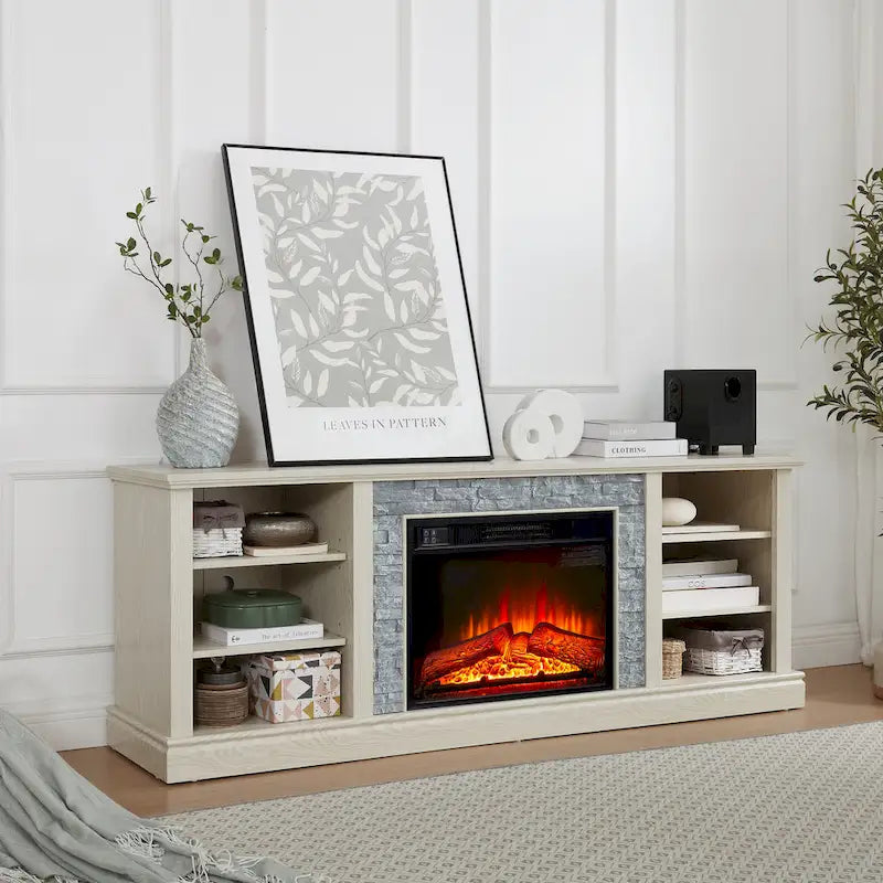 Weißer TV-Schrank mit elektrischem Kamin, Kunststeinoptik und Ablagefächern
