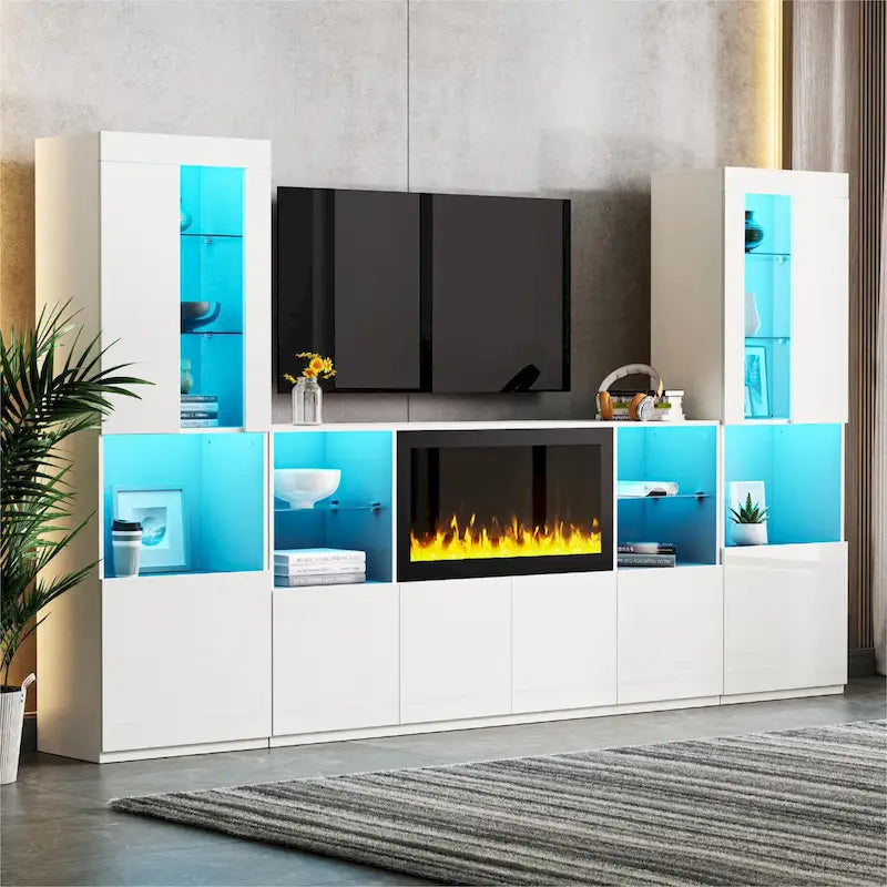 Moderner TV-Ständer mit Hochglanzoberfläche, Kamin und LED-Glasböden