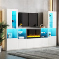 Moderner TV-Ständer mit Hochglanzoberfläche, Kamin und LED-Glasböden