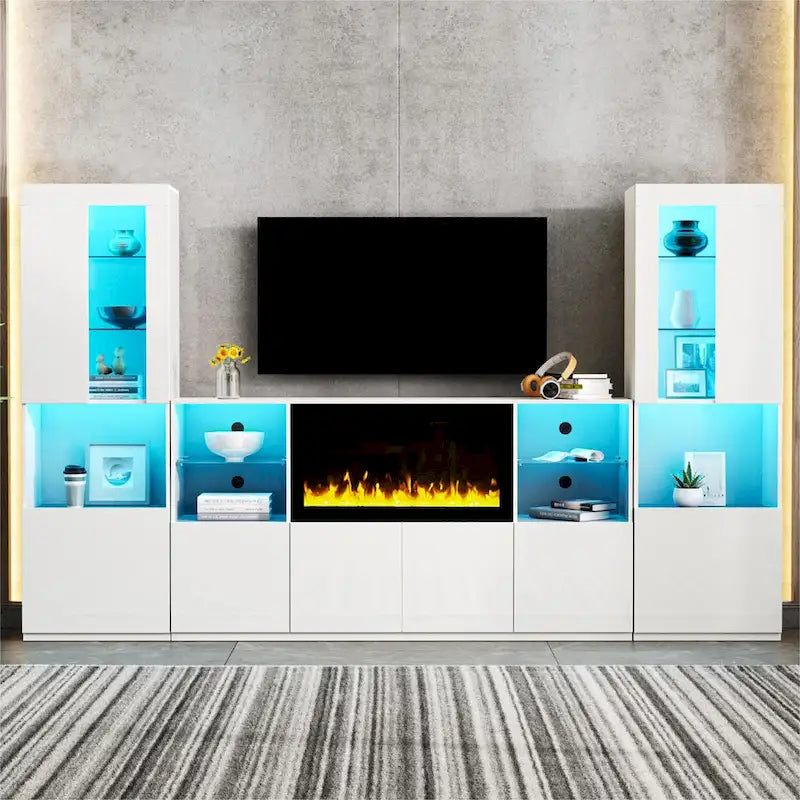 Moderner TV-Ständer mit Hochglanzoberfläche, Kamin und LED-Glasböden