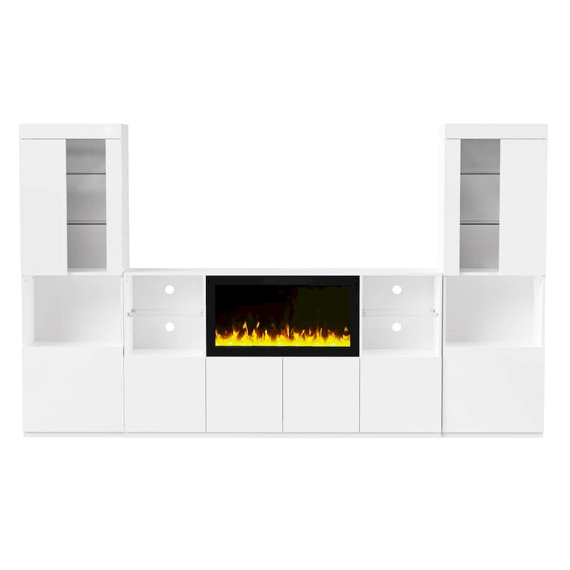 Mueble moderno para TV con chimenea, acabado de alto brillo y estantes de vidrio LED