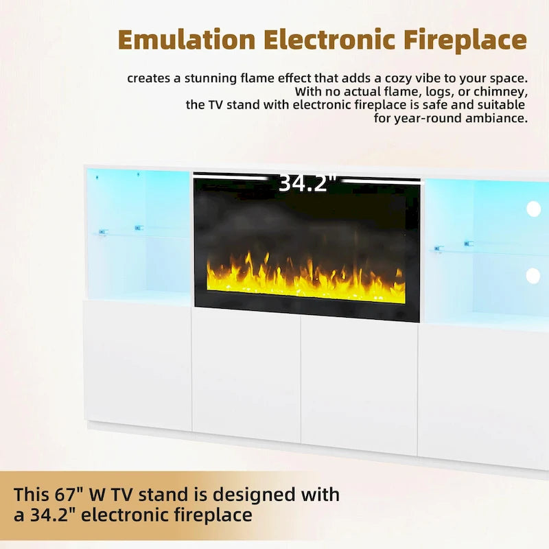Moderner TV-Ständer mit Hochglanzoberfläche, Kamin und LED-Glasböden