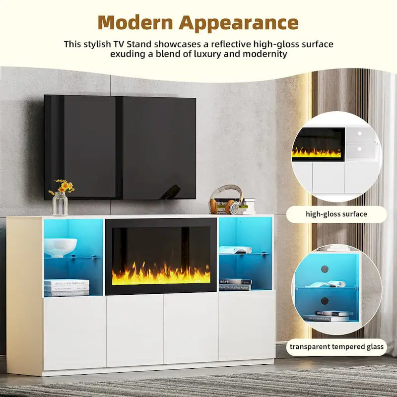 Moderner TV-Ständer mit Hochglanzoberfläche, Kamin und LED-Glasböden