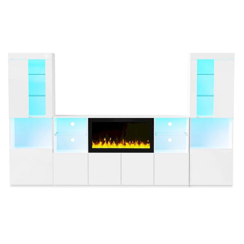 Moderner TV-Ständer mit Hochglanzoberfläche, Kamin und LED-Glasböden