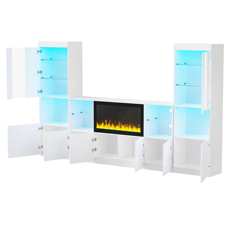 Moderner TV-Ständer mit Hochglanzoberfläche, Kamin und LED-Glasböden
