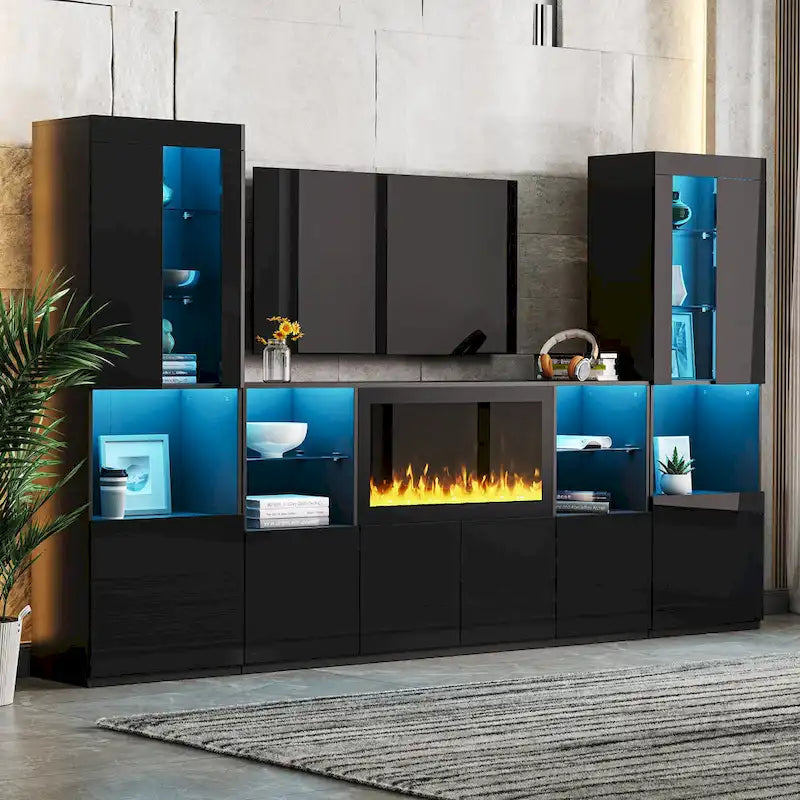Moderner TV-Ständer mit Hochglanzoberfläche, Kamin und LED-Glasböden
