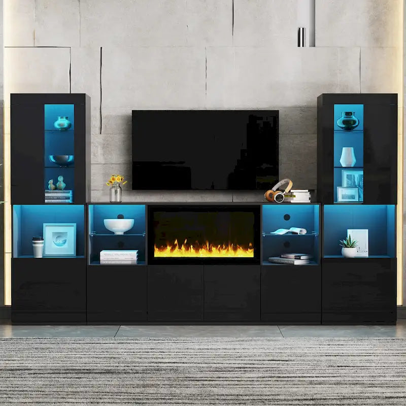 Moderner TV-Ständer mit Hochglanzoberfläche, Kamin und LED-Glasböden
