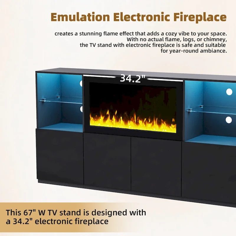 Moderner TV-Ständer mit Hochglanzoberfläche, Kamin und LED-Glasböden