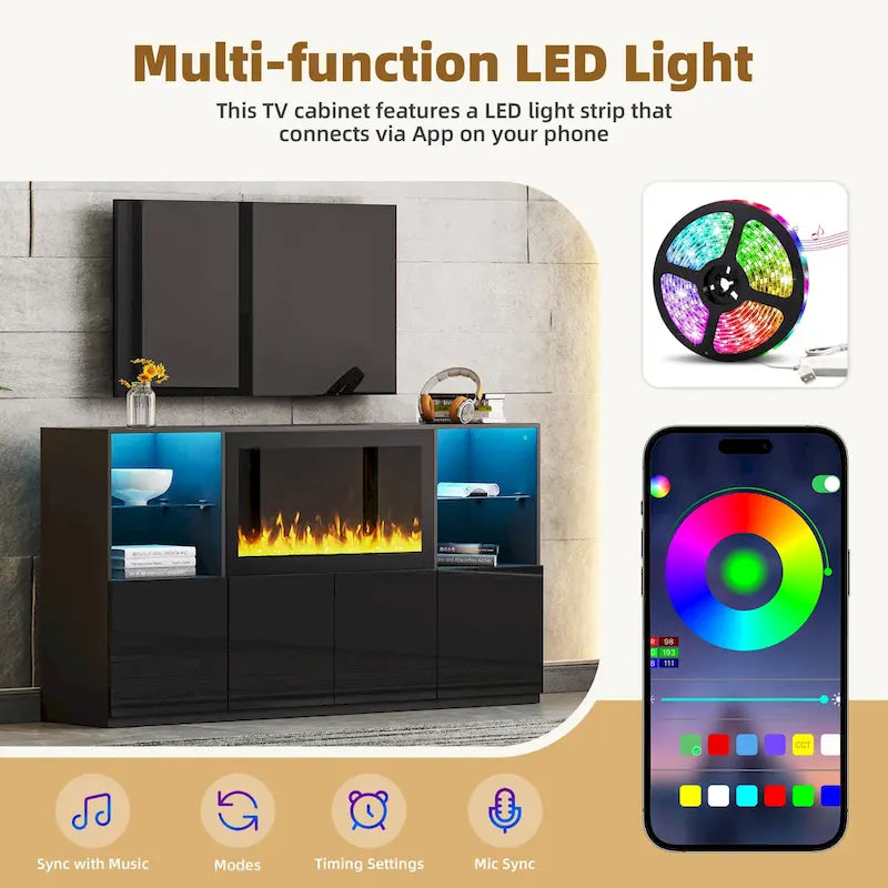 Moderner TV-Ständer mit Hochglanzoberfläche, Kamin und LED-Glasböden