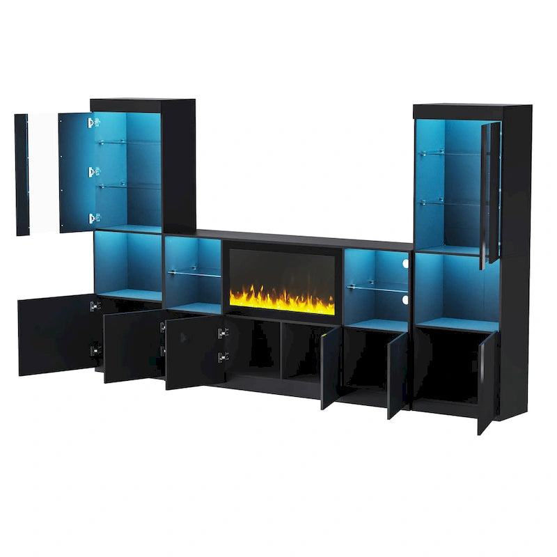 Moderner TV-Ständer mit Hochglanzoberfläche, Kamin und LED-Glasböden