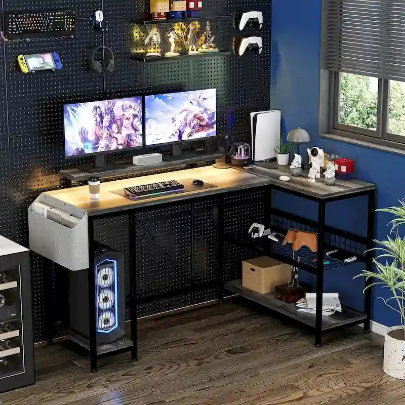 Escritorio esquinero moderno para gaming con iluminación LED y alimentación integrada