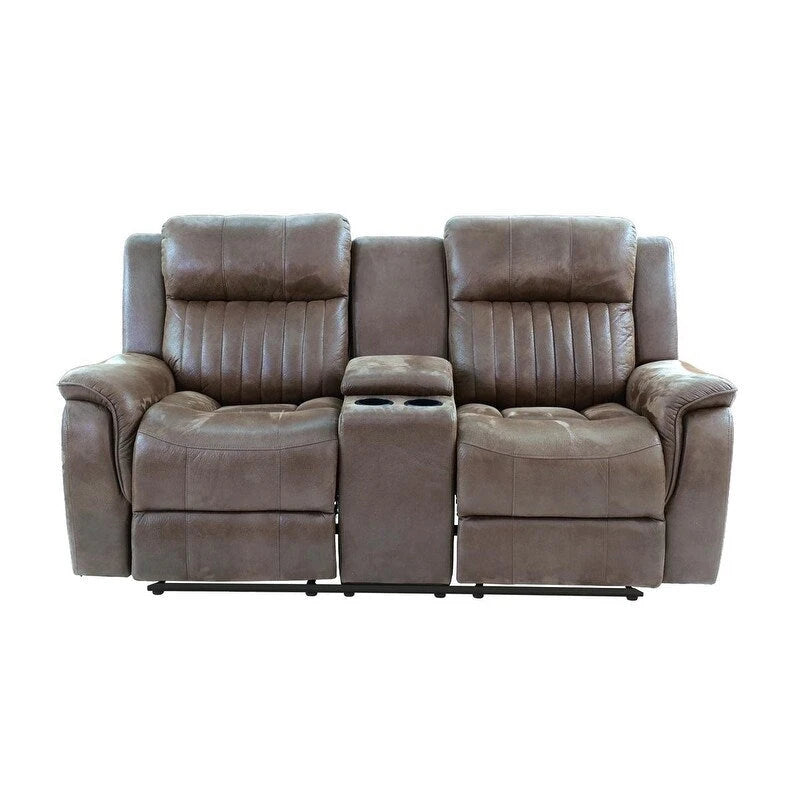 Sillón de dos plazas reclinable manual de cuero sintético con consola de almacenamiento y portavasos
