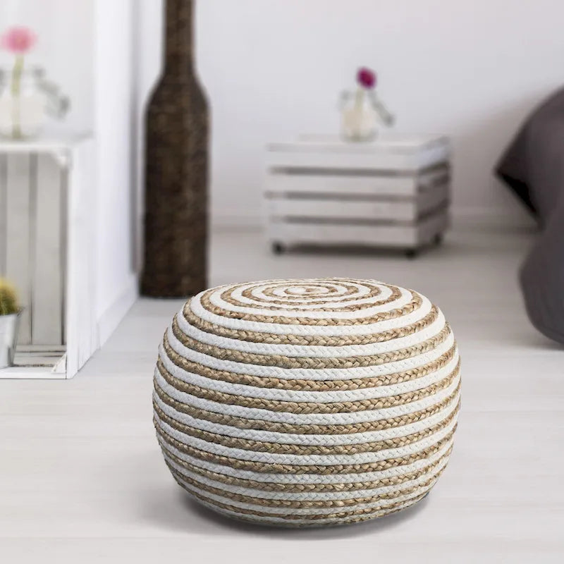 Reposapiés otomano redondo tipo puf de yute y algodón trenzados en beige y blanco