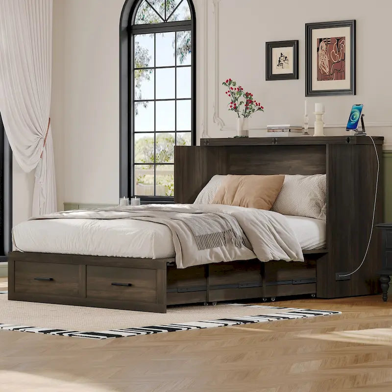 Cama plegable tipo armario de estilo rústico con cajón de almacenamiento y puertos de carga