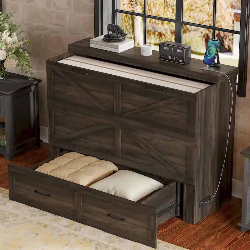 Wooden Foldable Murphy Cabinet Bed Platform Bed Bottom Large Storage Drawer Side with Outlets and USB Ports