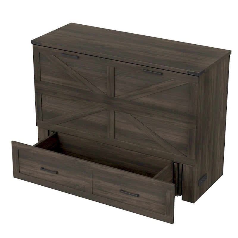 Cama plegable tipo armario de estilo rústico con cajón de almacenamiento y puertos de carga