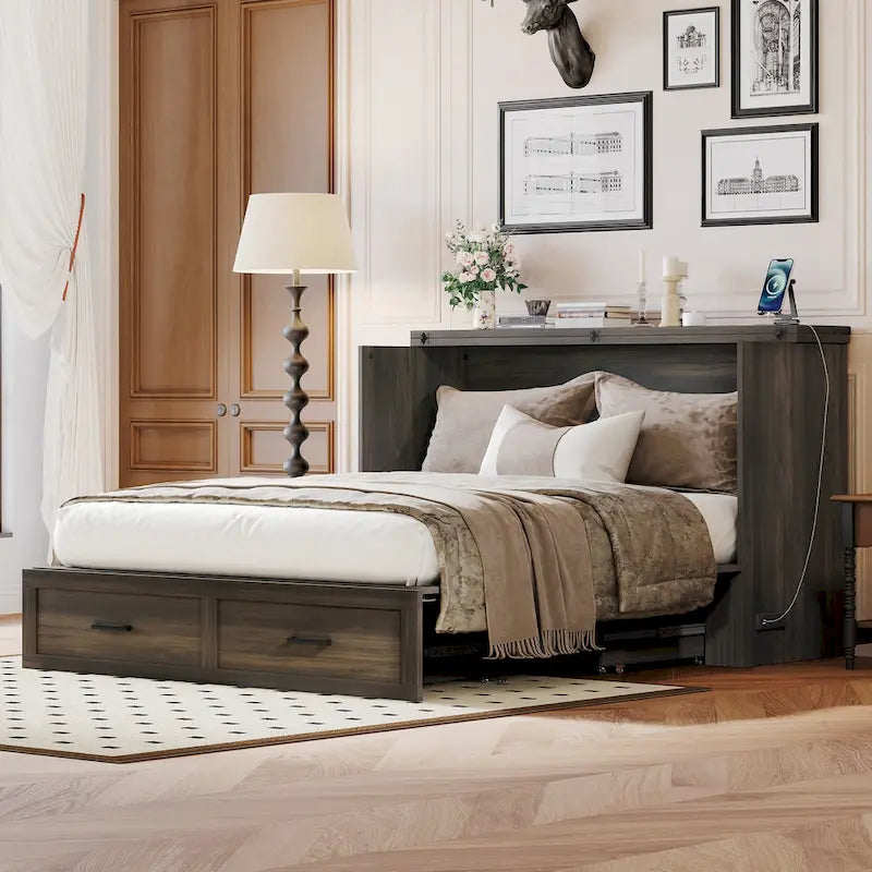 Cama plegable tipo armario de estilo rústico con cajón de almacenamiento y puertos de carga