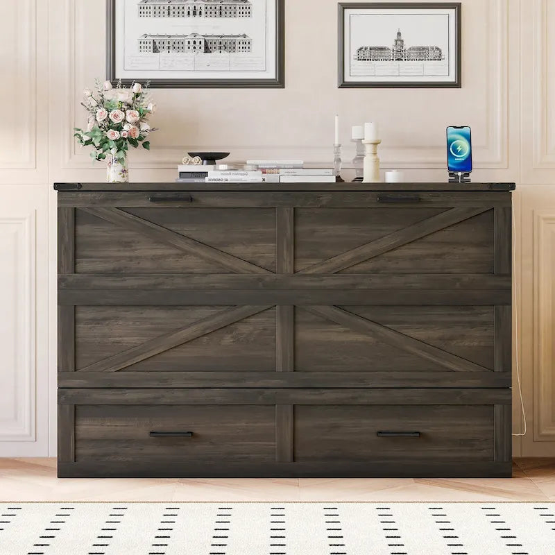 Cama plegable tipo armario de estilo rústico con cajón de almacenamiento y puertos de carga