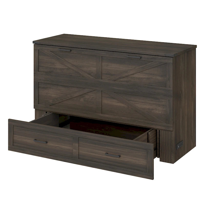 Cama plegable tipo armario de estilo rústico con cajón de almacenamiento y puertos de carga