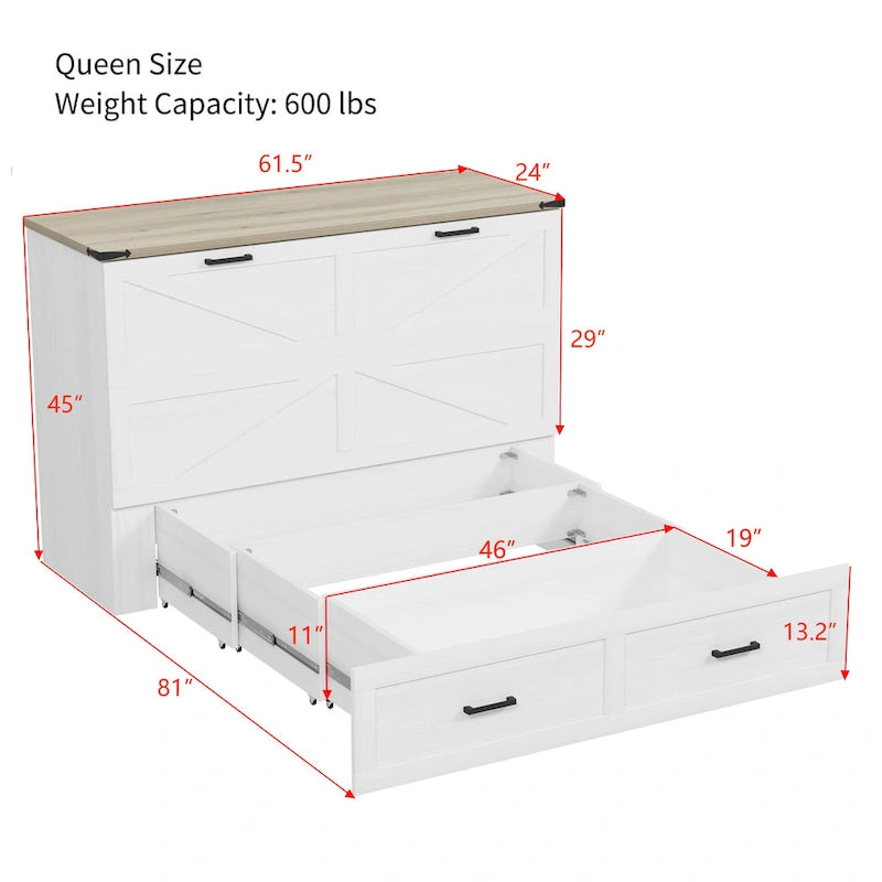 Cama plegable tipo armario de estilo rústico con cajón de almacenamiento y puertos de carga