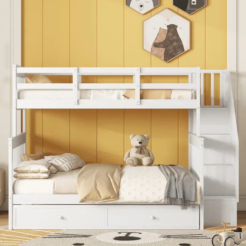Litera de madera con escalera, estantes de almacenamiento y cama nido extraíble