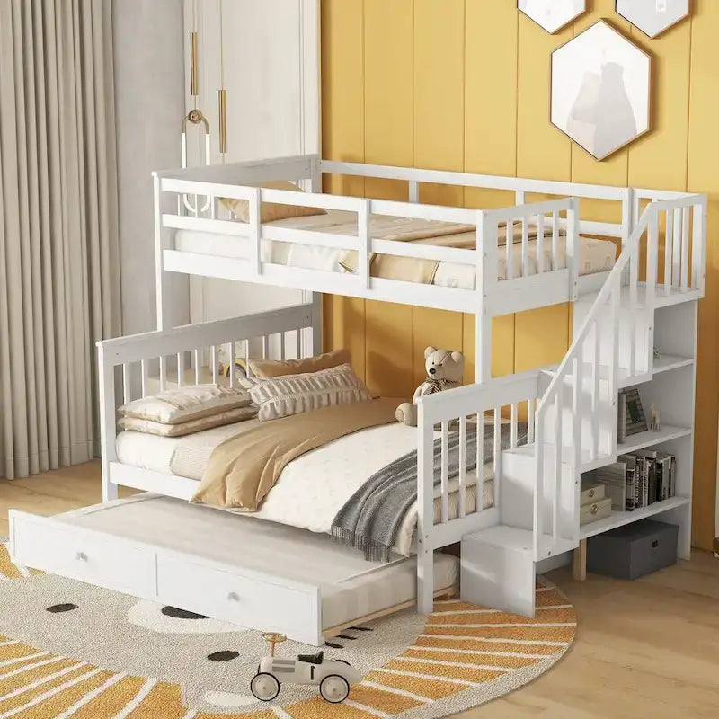 Litera de madera con escalera, estantes de almacenamiento y cama nido extraíble