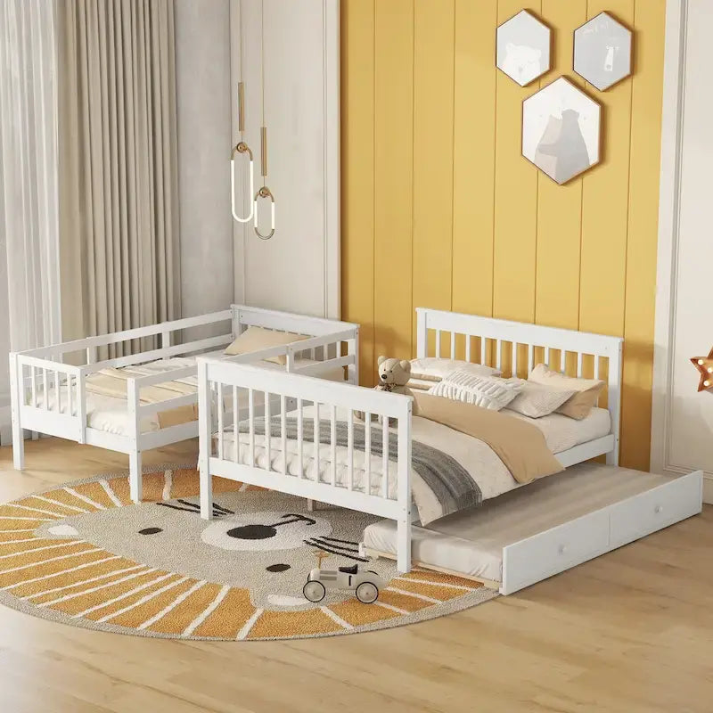 Litera de madera con escalera, estantes de almacenamiento y cama nido extraíble