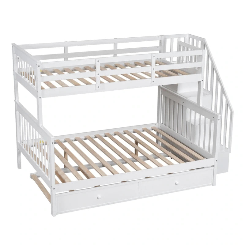 Litera de madera con escalera, estantes de almacenamiento y cama nido extraíble