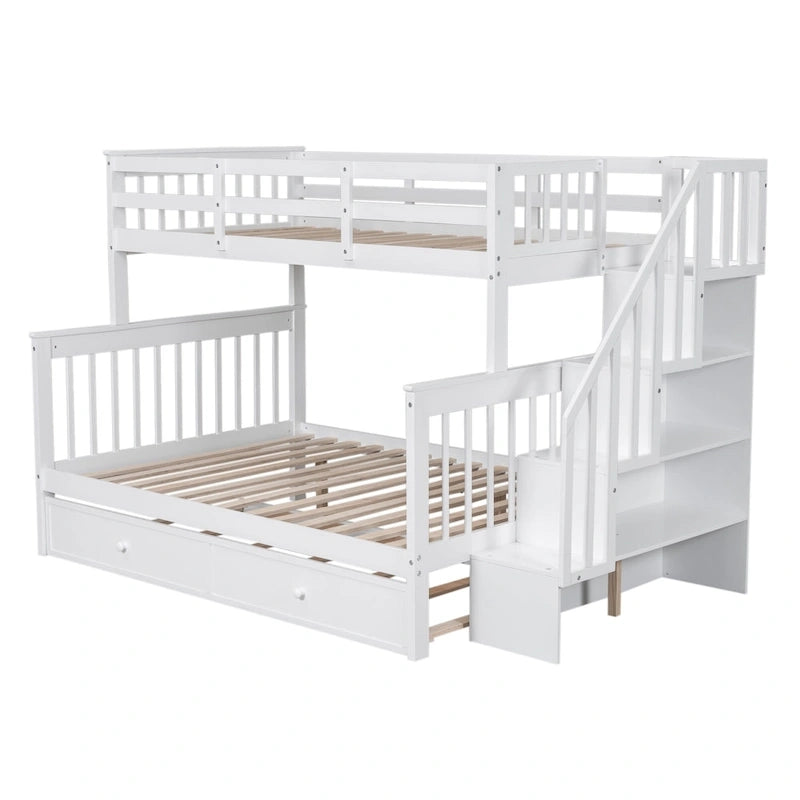 Litera de madera con escalera, estantes de almacenamiento y cama nido extraíble