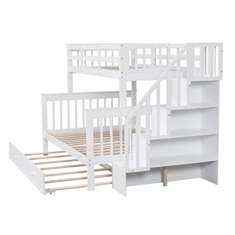 Litera de madera con escalera, estantes de almacenamiento y cama nido extraíble
