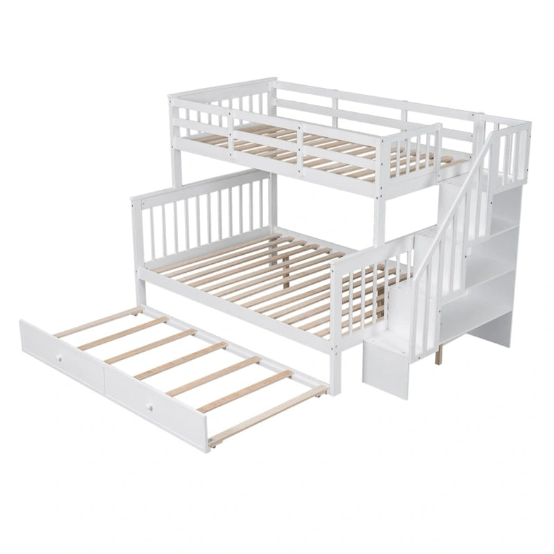 Litera de madera con escalera, estantes de almacenamiento y cama nido extraíble