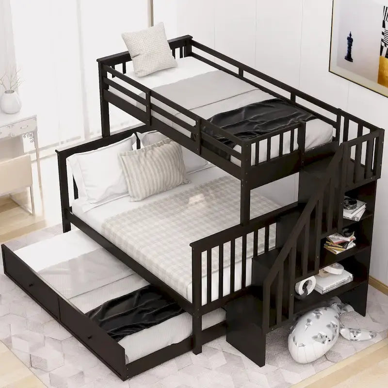 Litera de madera con escalera, estantes de almacenamiento y cama nido extraíble