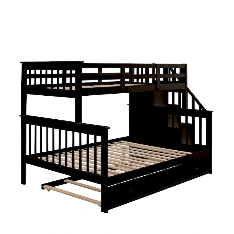 Litera de madera con escalera, estantes de almacenamiento y cama nido extraíble