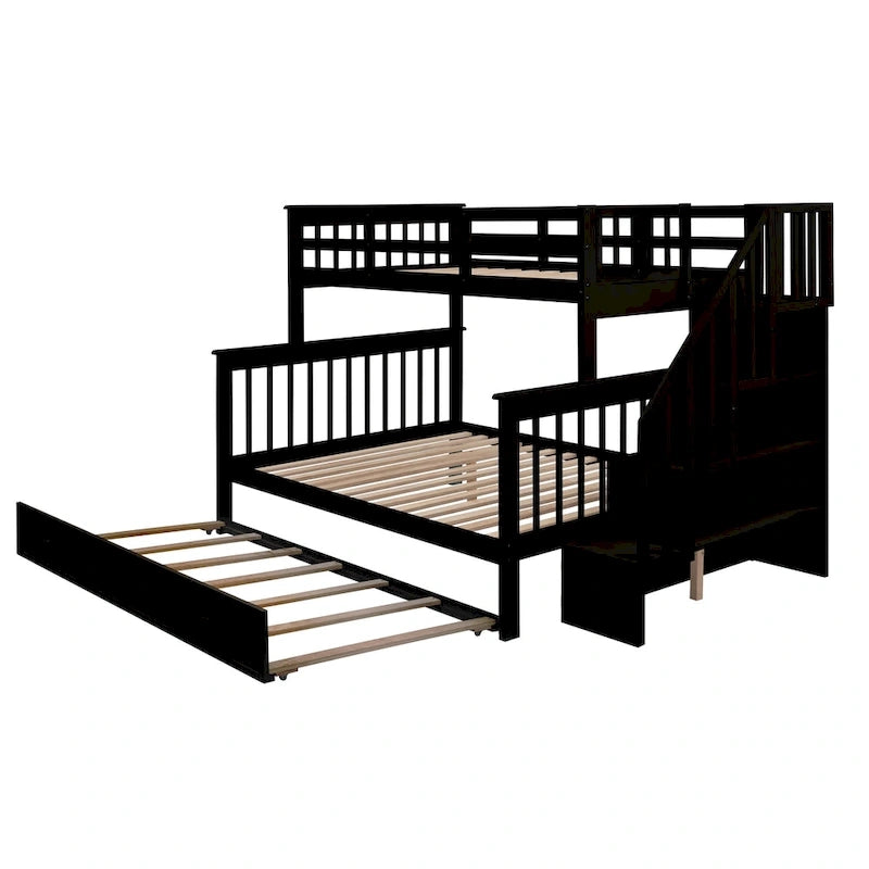 Litera de madera con escalera, estantes de almacenamiento y cama nido extraíble