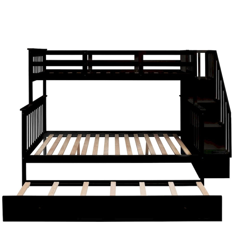 Litera de madera con escalera, estantes de almacenamiento y cama nido extraíble