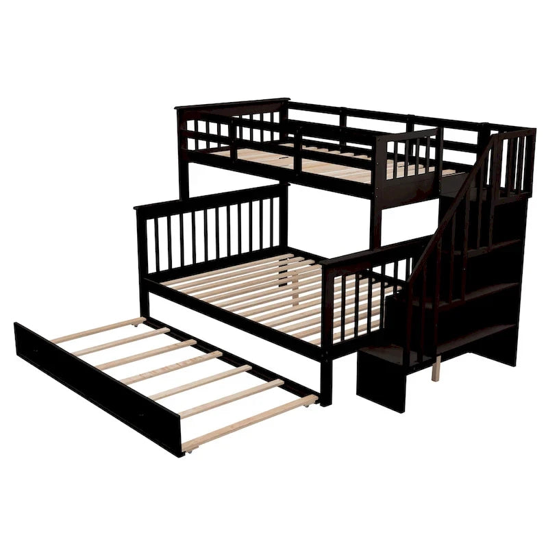 Litera de madera con escalera, estantes de almacenamiento y cama nido extraíble