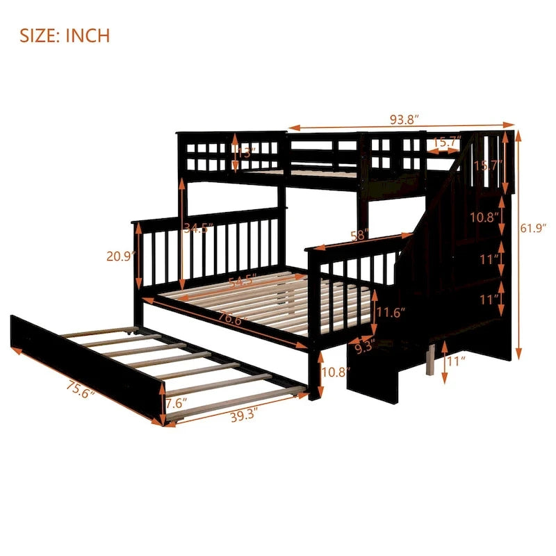 Litera de madera con escalera, estantes de almacenamiento y cama nido extraíble
