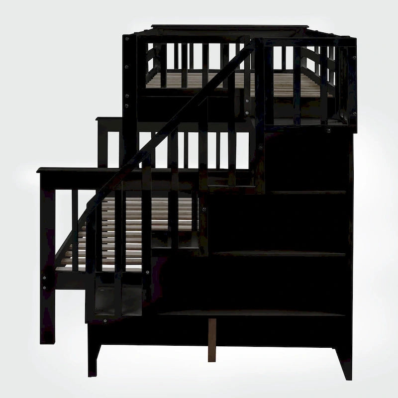 Litera de madera con escalera, estantes de almacenamiento y cama nido extraíble