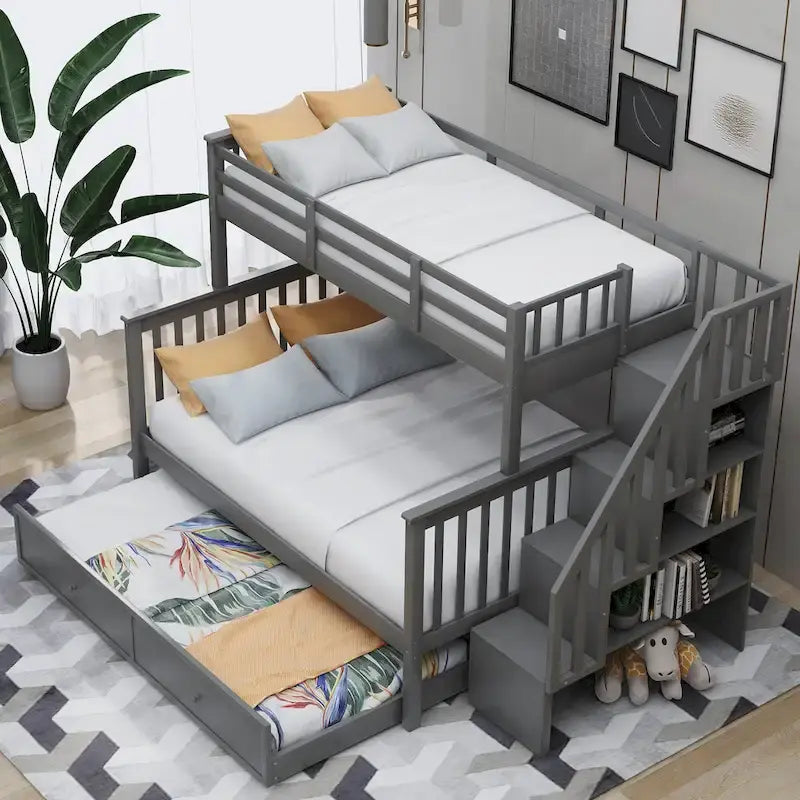 Litera de madera con escalera, estantes de almacenamiento y cama nido extraíble