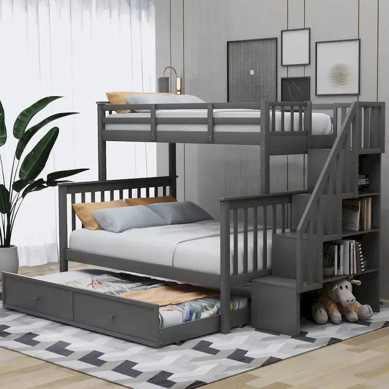 Litera de madera con escalera, estantes de almacenamiento y cama nido extraíble