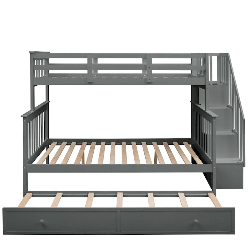 Litera de madera con escalera, estantes de almacenamiento y cama nido extraíble