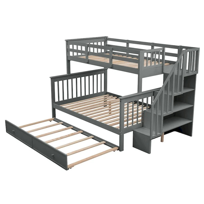 Litera de madera con escalera, estantes de almacenamiento y cama nido extraíble