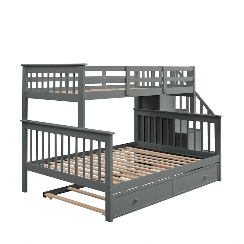 Litera de madera con escalera, estantes de almacenamiento y cama nido extraíble