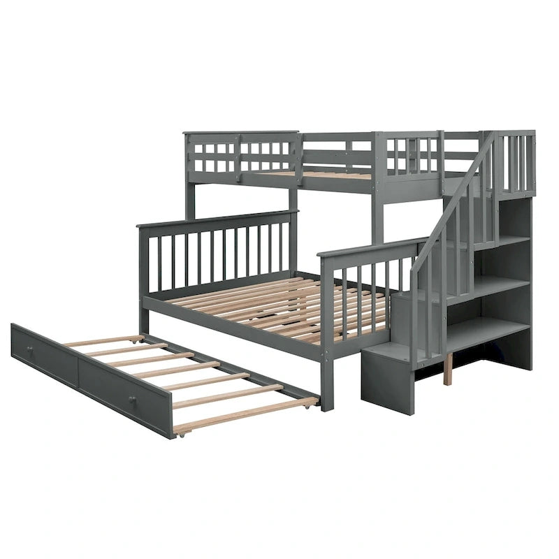 Litera de madera con escalera, estantes de almacenamiento y cama nido extraíble
