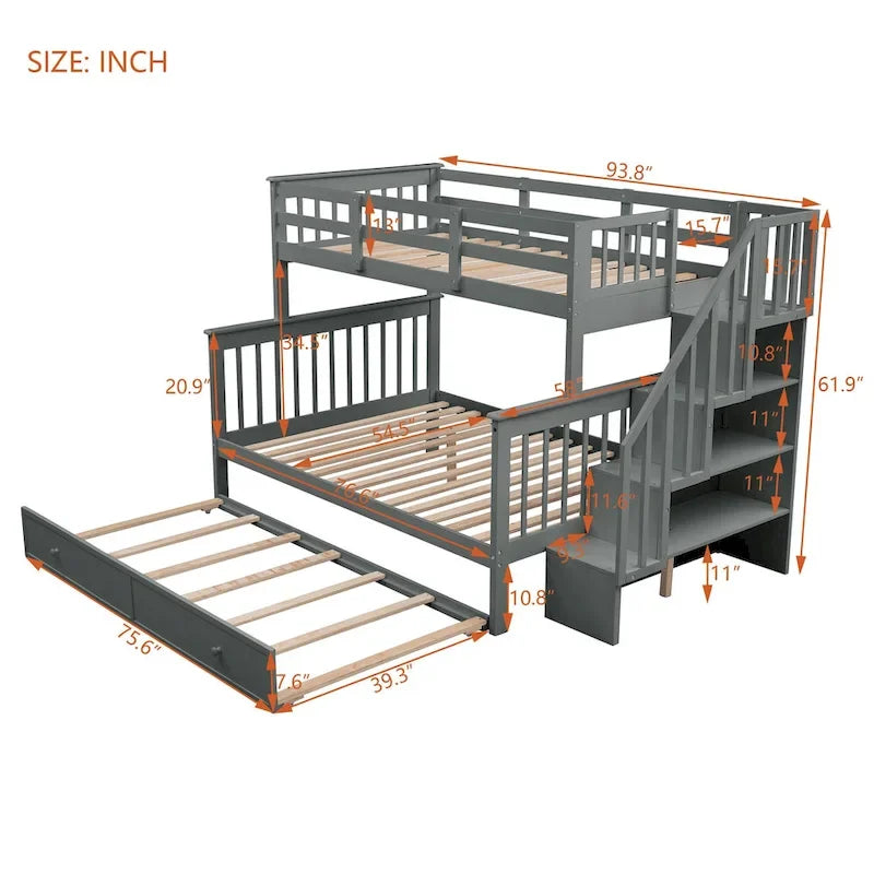 Litera de madera con escalera, estantes de almacenamiento y cama nido extraíble