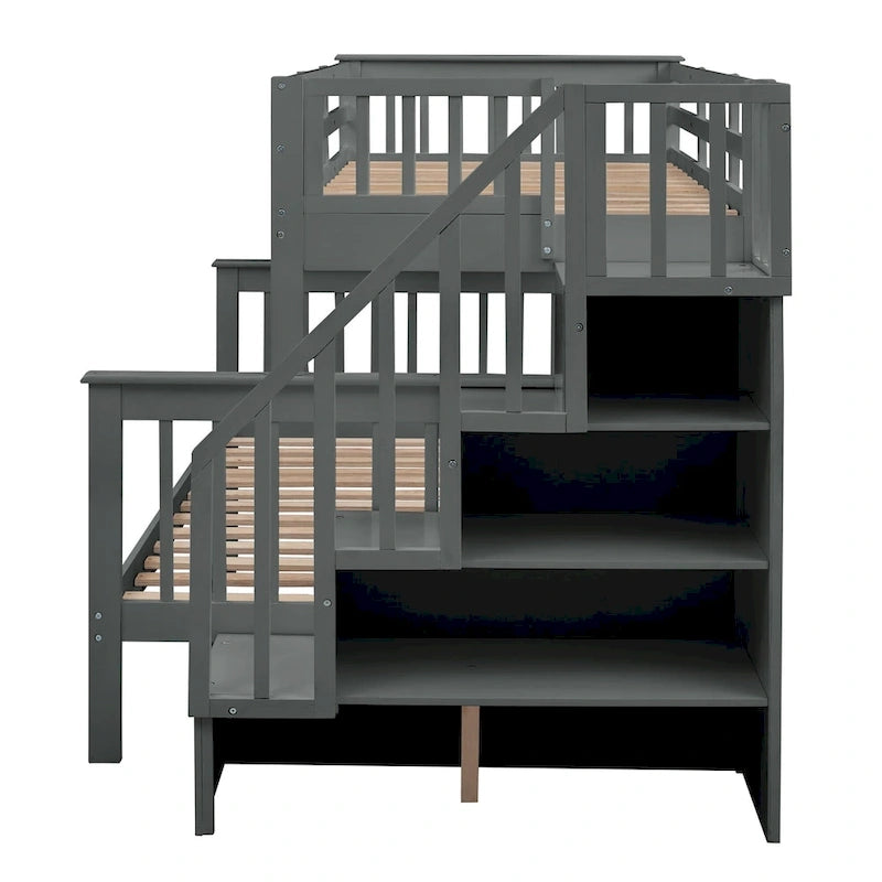 Litera de madera con escalera, estantes de almacenamiento y cama nido extraíble