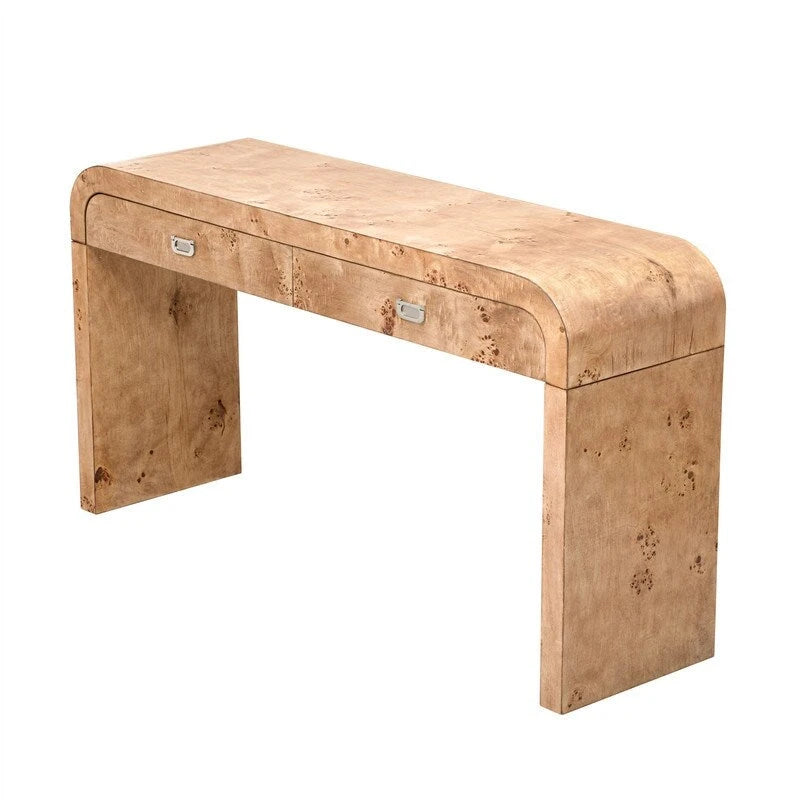 Natural Burl Wood Veneer Console Table with Two Storage Drawers
